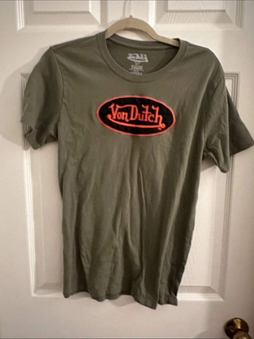 Von Dutch Olive Green Short Sleeve Tee with Orange Logo Patch